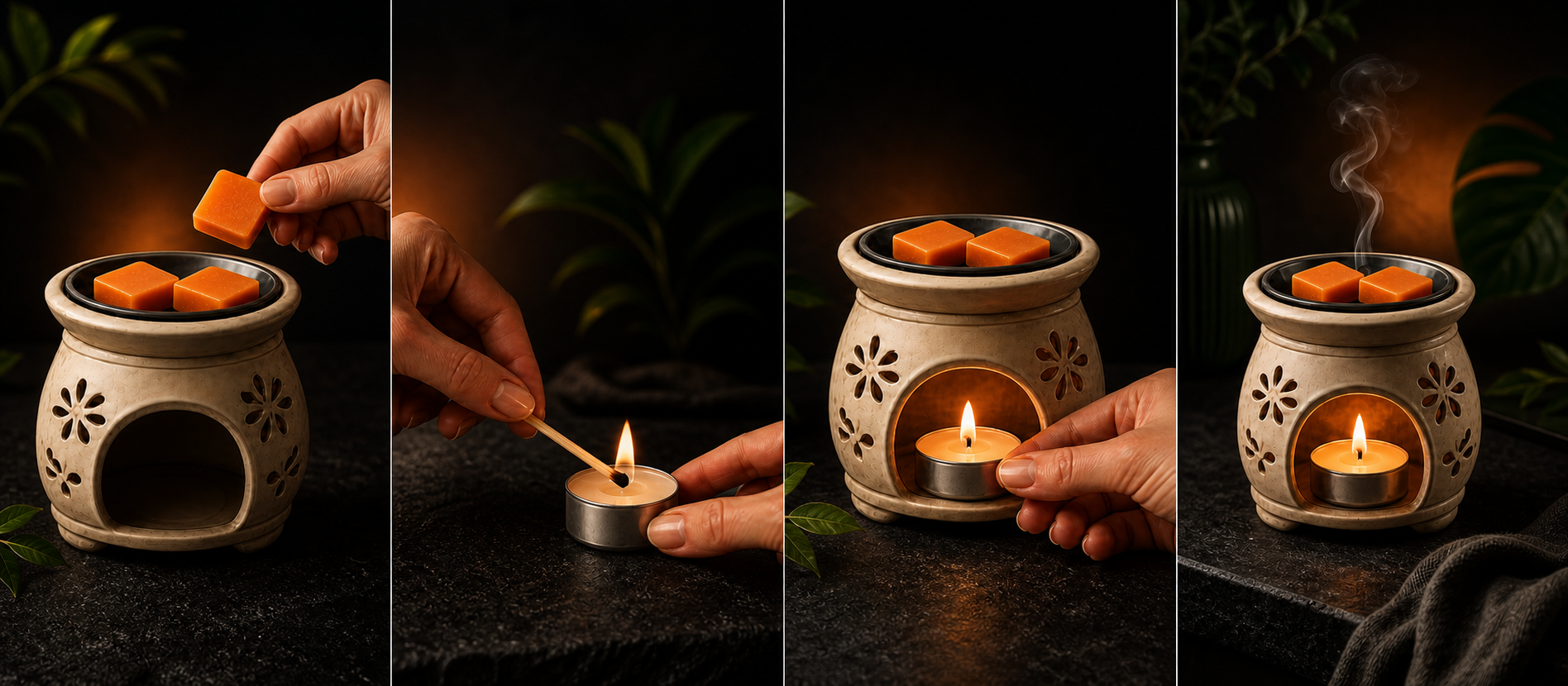 Four-step Gold Stones guide showing square orange Big Bud incense stones placed in a ceramic burner, a tealight being lit and positioned, and fragrance being released