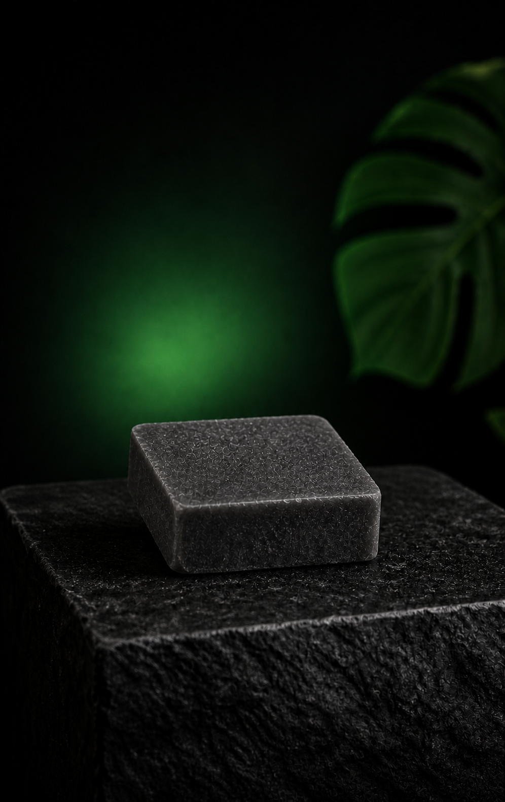 AK47 square charcoal incense stone on a dark stone pedestal
