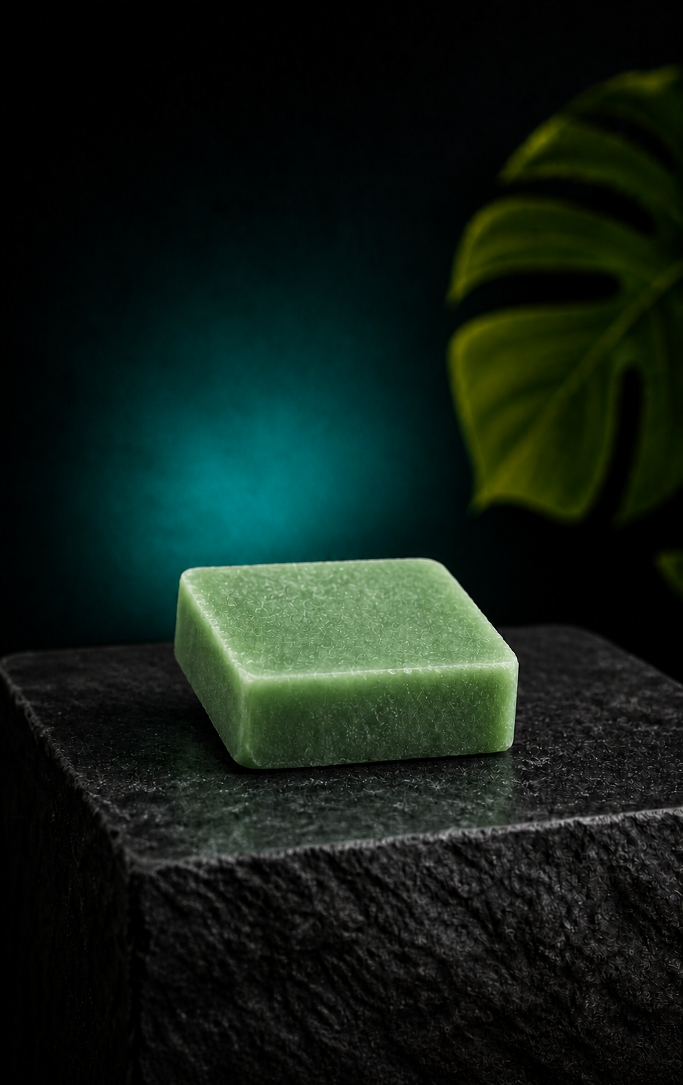 Amnesia square green incense stone on a dark stone pedestal