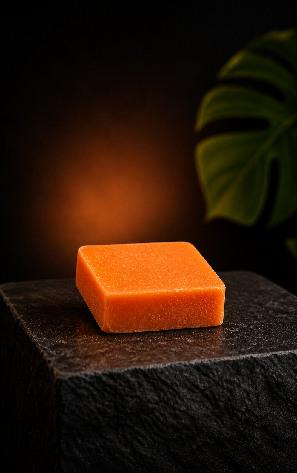 Big Bud square orange incense stone on a dark stone pedestal