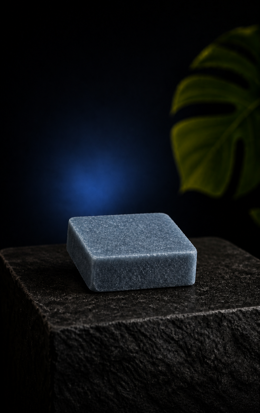 Blue Dream square blue incense stone on a dark stone pedestal