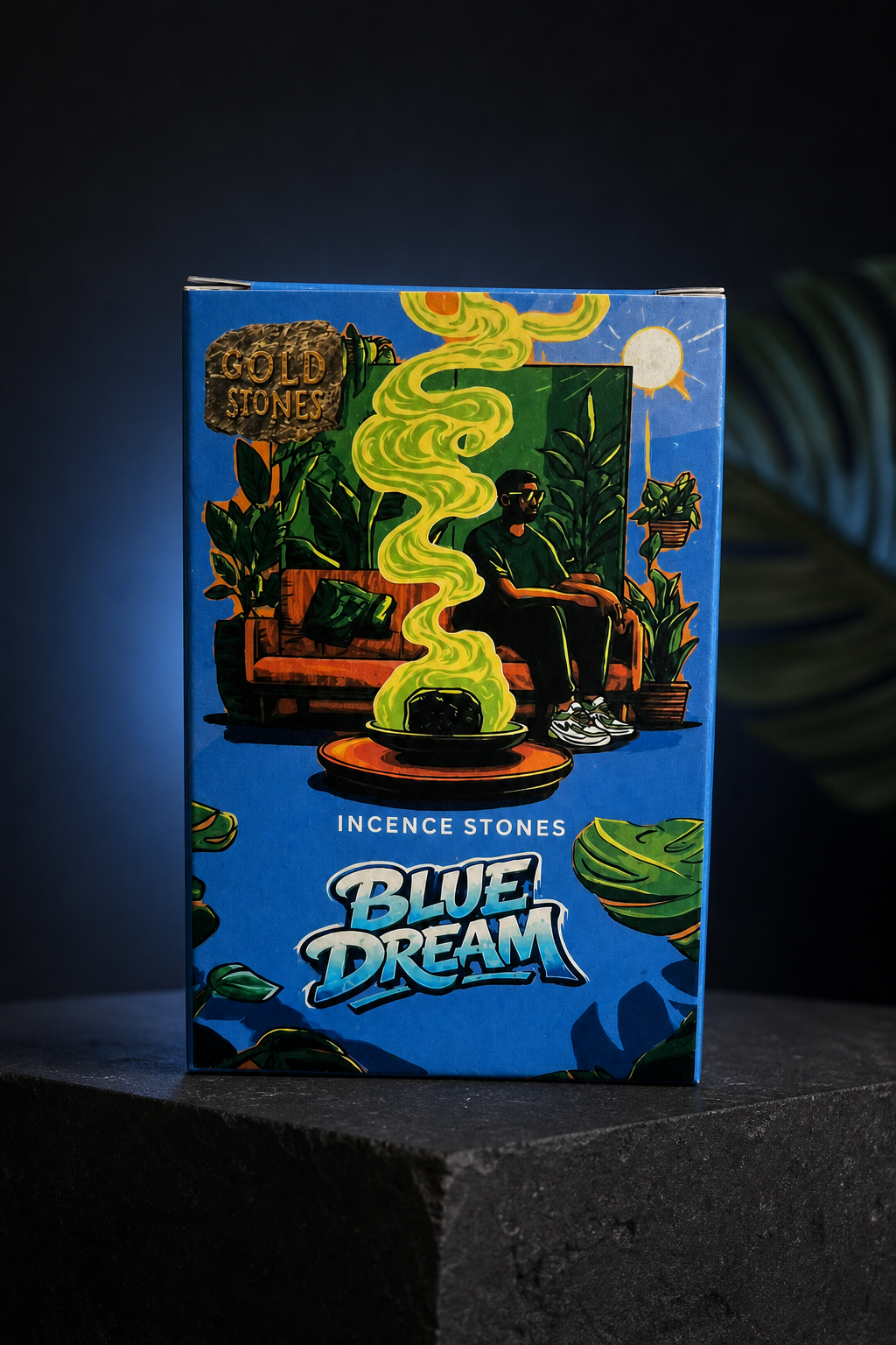 Blue Dream Gold Stones incense stones package in a dark studio setting