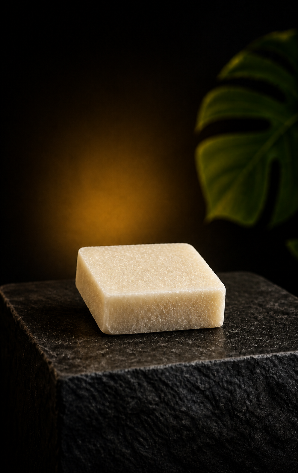 Cali Gold square cream incense stone on a dark stone pedestal