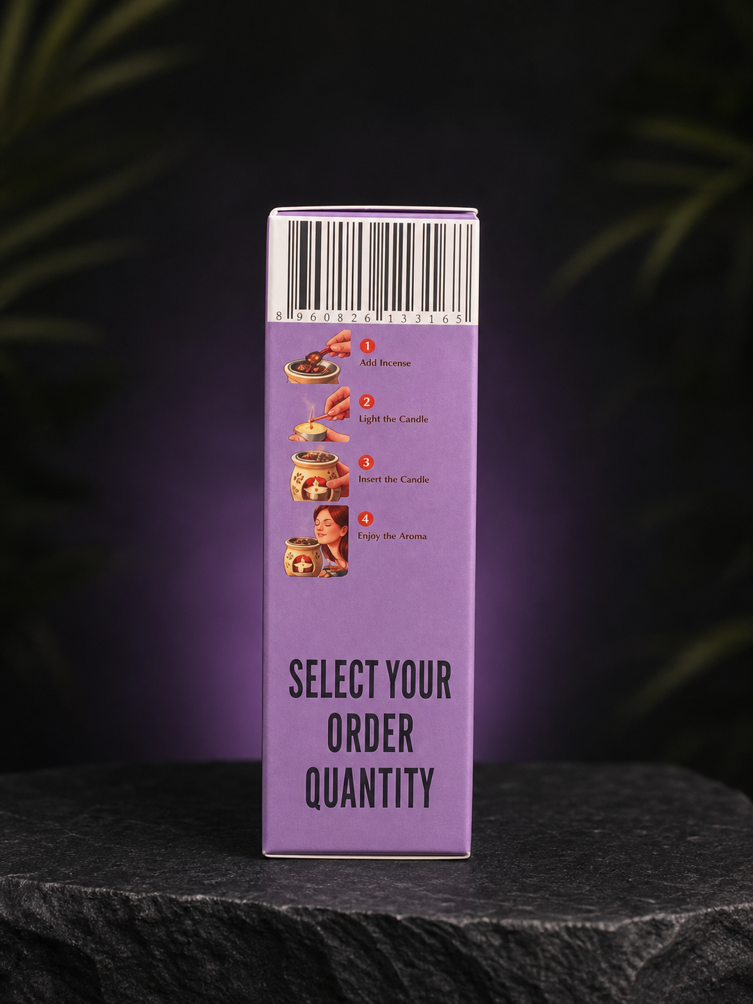 Purple Velvet package usage side with selectable order quantity message