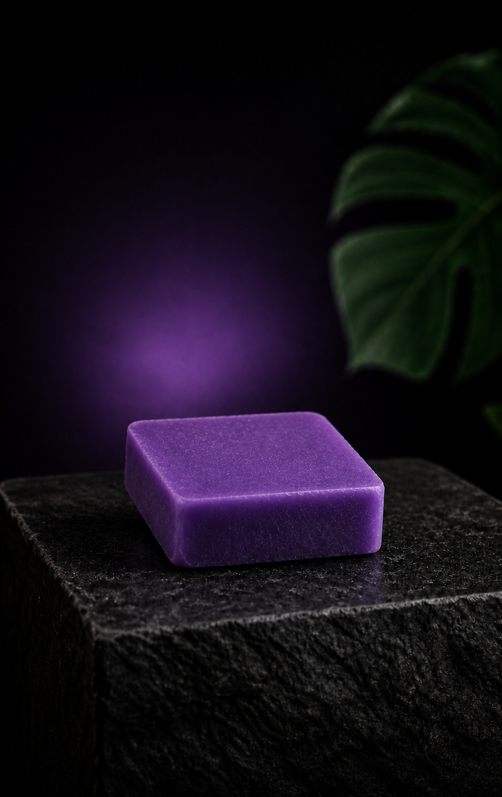 Purple Velvet square violet incense stone on a dark stone pedestal