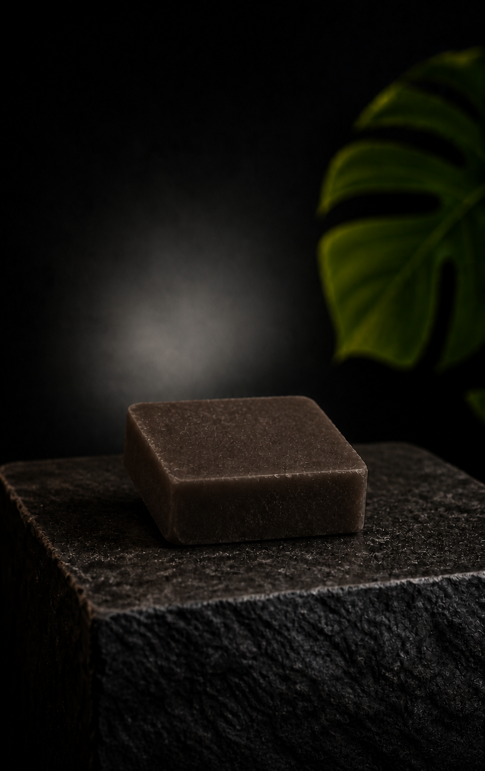 Super Silver Haze square dark brown incense stone on a dark stone pedestal