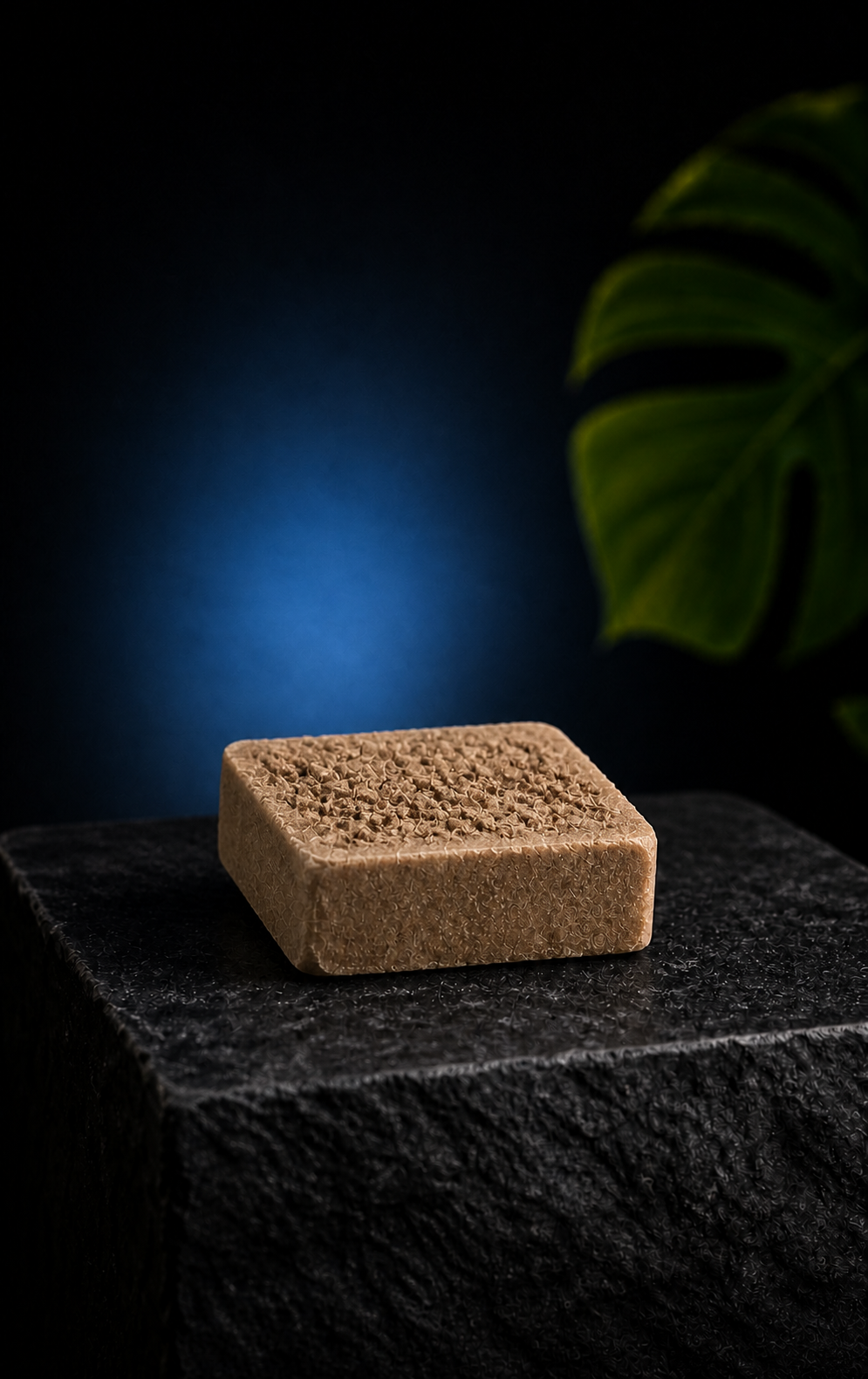 White Widow square brown incense stone on a dark stone pedestal